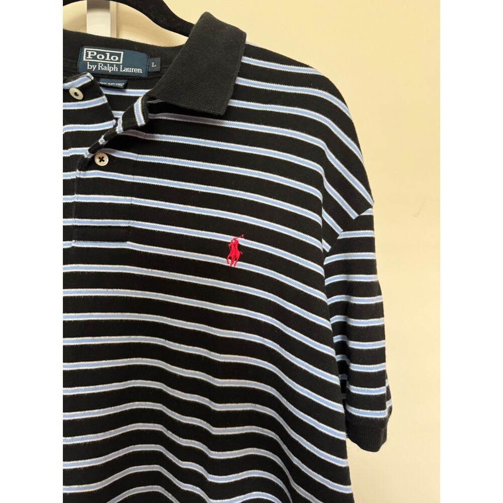 POLO Ralph Lauren Navy & White Striped Short Sleeve Polo Red Pony logo L S-01 - Picture 2 of 6